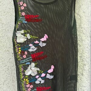 Topshop Black Mesh Tank Top with Floral Embroidery